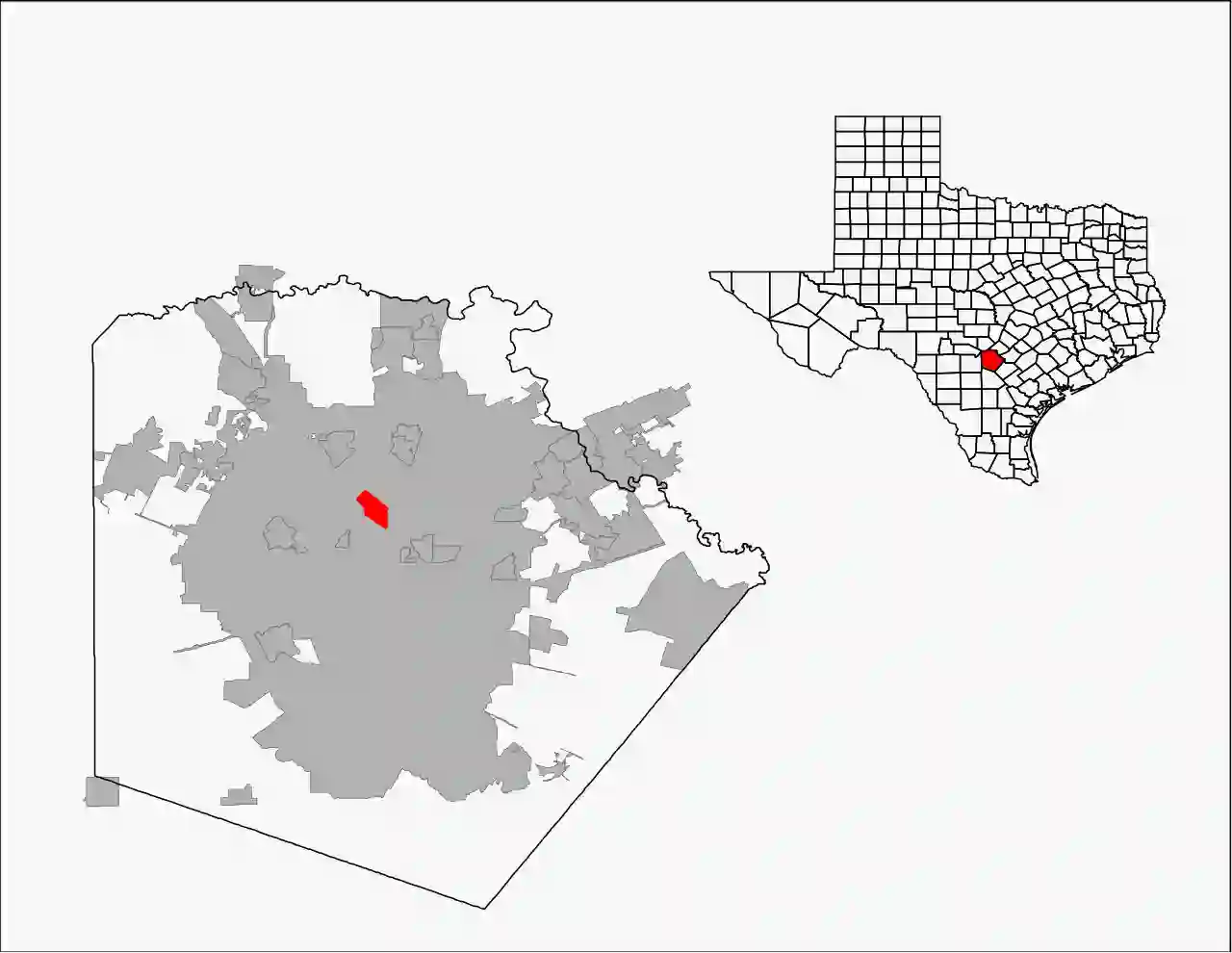 A black and white county outline map of Bexar County, Texas, highlighting the enclave city of Castle Hills in red. The red highlighted area appears near the center of the larger gray urban footprint representing San Antonio, with an isolated duplicate representation of the highlighted area displayed in red further to the right.