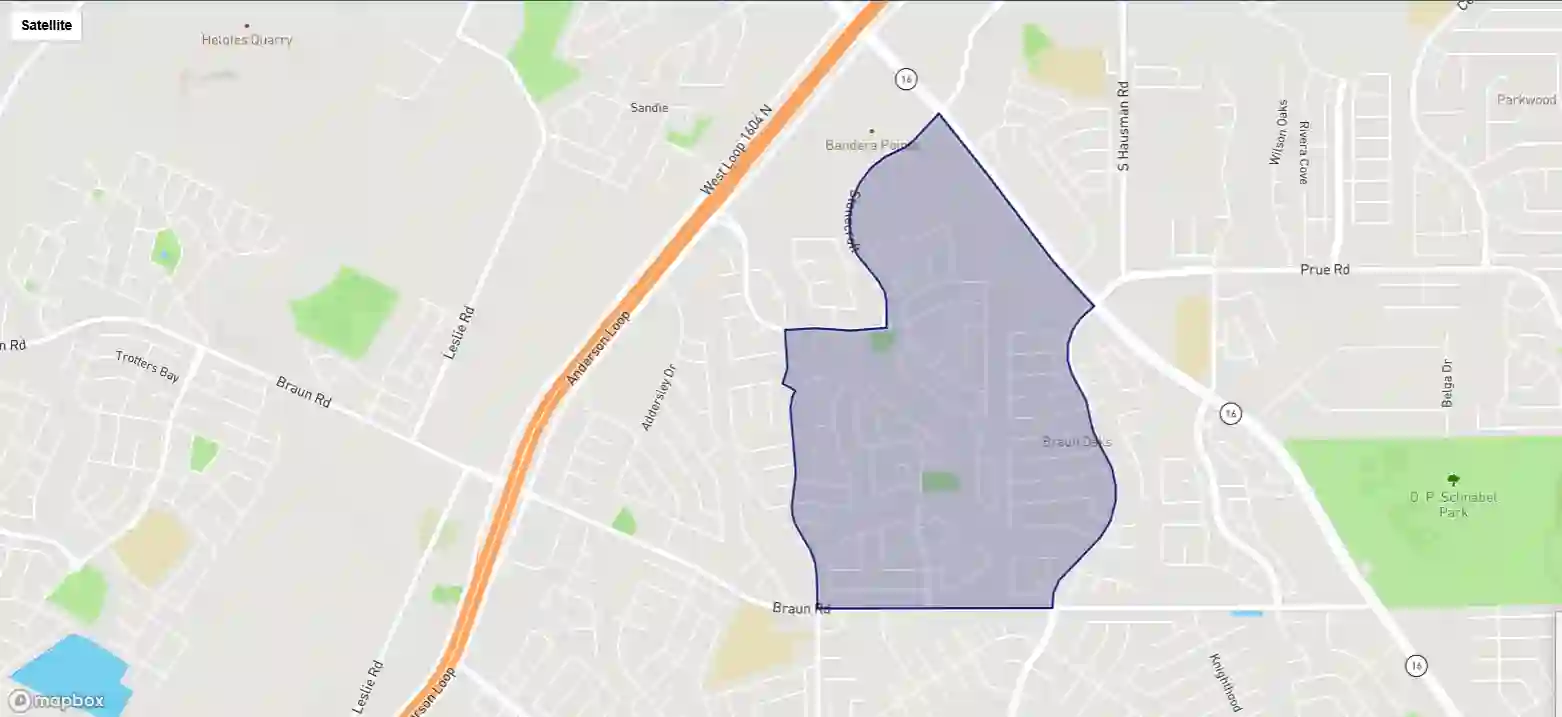 A digital satellite map of Northwest San Antonio showcasing the residential community of Braun's Farm outlined with a shaded purple overlay. The boundary lies immediately east of West Loop 1604 N and is bordered by Braun Road to the south, extending north toward Bandera Pointe.